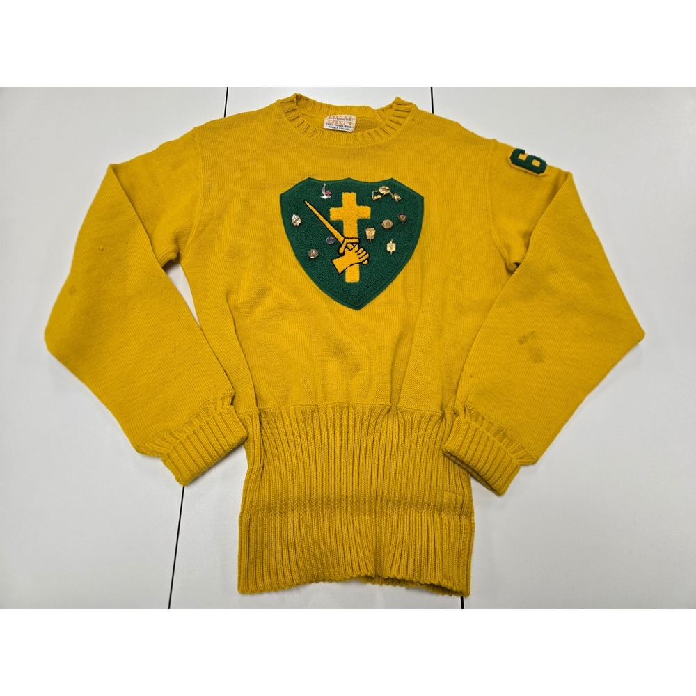 Vintage Detroit Knitting Mills Crusaders Letterman Sweater Yellow Wool 1960s